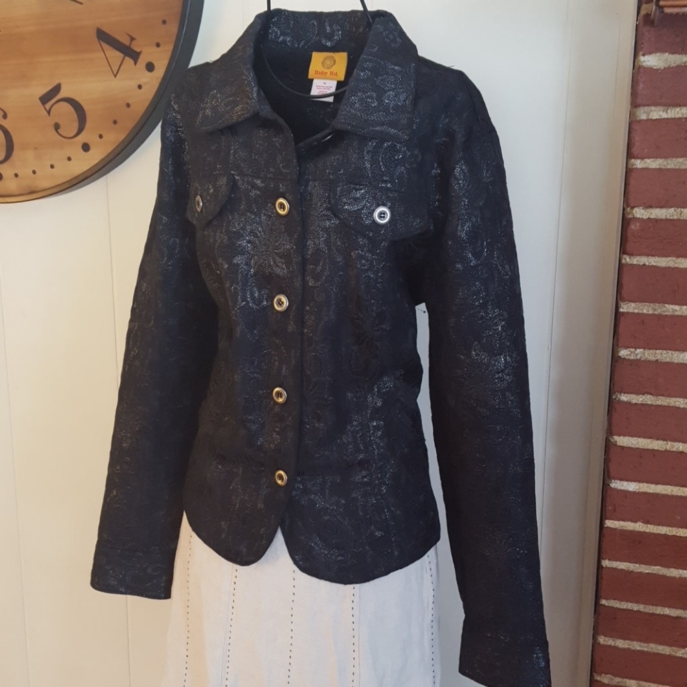 Ruby Rd. Floral Print Black Button Jacket - image 4